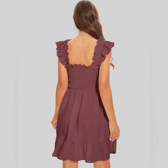 Boho Ruffled Square-Neck Smocked Mini Dress, Soft-Rust Colored, Size XS - Picture 4 of 9